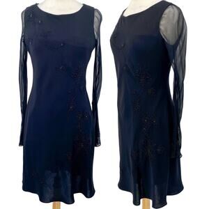 Vintage Jones New York Dress Beaded Floral Details Silk Sleeves Black Womens 12